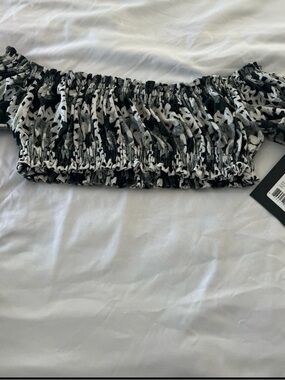 Norma Kamali Black & White Smocked Off-Shoulder Crop Top